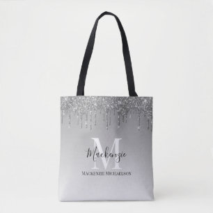 Girly Silver Grey Glitter Monogram Name   Tote Bag