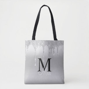 Girly Silver Grey Sparkle Glitter Monogram Tote Ba Bag