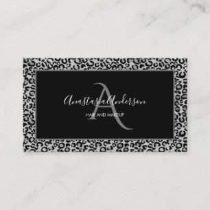 Girly Silver Leopard Spots Fun Chic Black Monogram Business Card