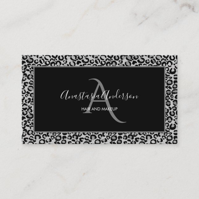 Girly Silver Leopard Spots Fun Chic Black Monogram Business Card (Front)