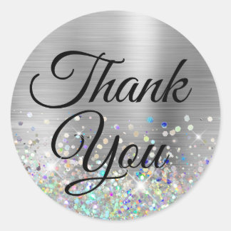 Girly Silver Ombre Holo Glitter Thank You Classic Round Sticker