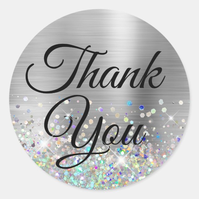 Girly Silver Ombre Holo Glitter Thank You Classic Round Sticker (Front)