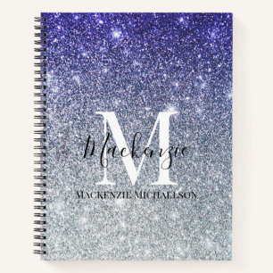 Girly Silver Purple Ombre Glitter Monogram Name Notebook