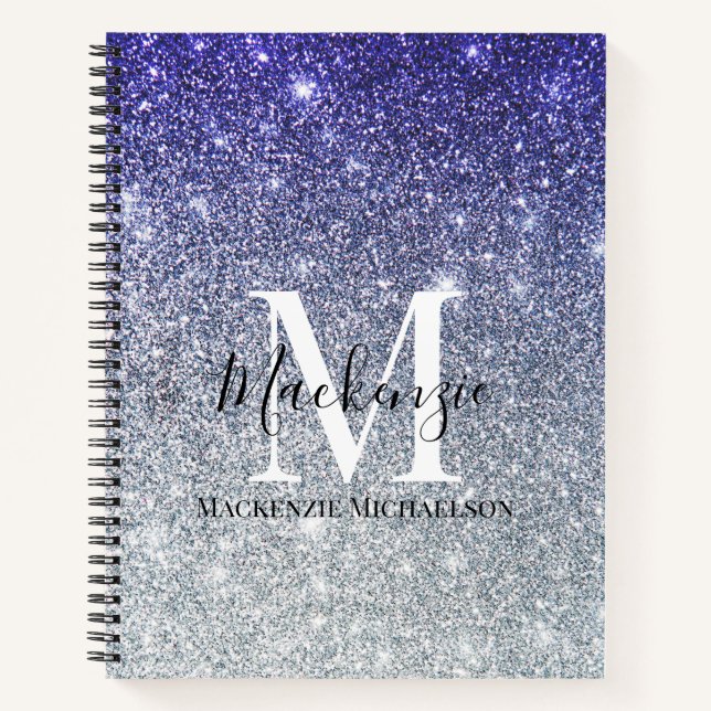 Girly Silver Purple Ombre Glitter Monogram Name  Notebook (Front)