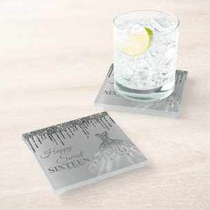 Girly Silver Sweet 16 Birthday Ball Gown Drips Glass Coaster