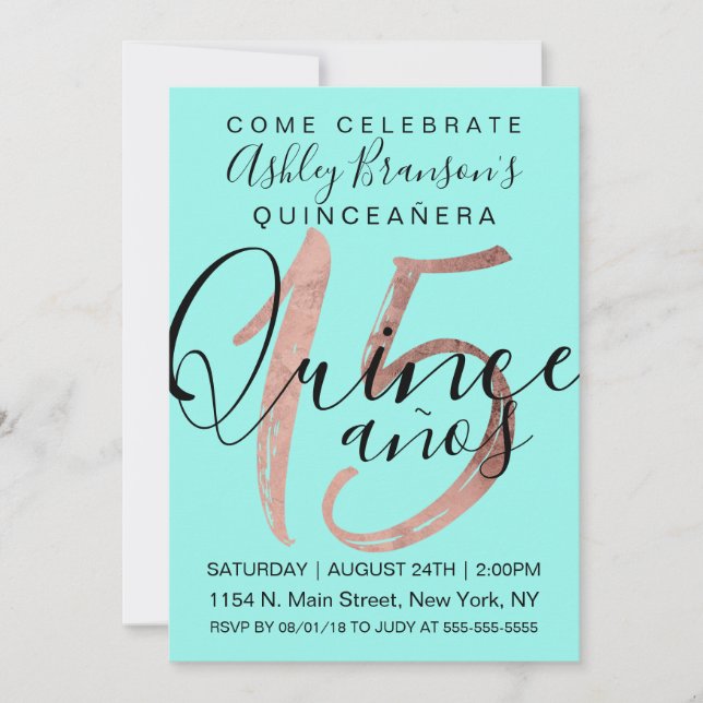 Girly Simple Aqua Blue Rose Gold Foil Quinceañera Invitation (Front)