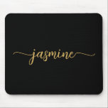 Girly Simple Black Gold Personalised Monogram Mouse Mat<br><div class="desc">Girly Black And Gold Simple Minimalist Monogram Name Signature Script Custom Personalised mousepad. These design featuring your first name in a pretty hand lettered style swash tail font typography on black and gold. These are easy to customise. Great stylish feminine gift for birthday, bridal shower, mother’s day, sweet 16 birthday...</div>