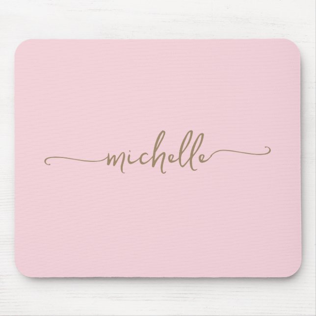 Girly Simple Blush Pink Custom Gold Monogram Name Mouse Mat (Front)