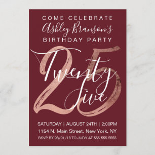 Girly Simple Burgundy Rose Gold Foil 25th Birthday Invitation
