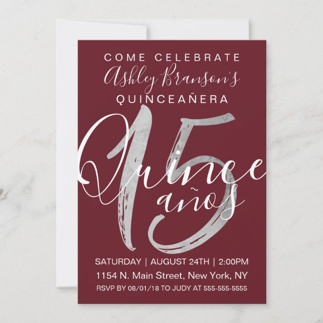 Girly Simple Burgundy Silver Foil Quinceañera Invitation (Front)