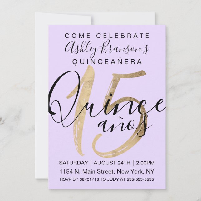 Girly Simple Lilac Purple Gold Foil Quinceañera Invitation (Front)