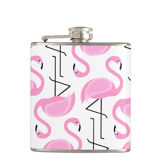 Girly Simple Modern Pink Flamingo Pattern Hip Flask (Front)