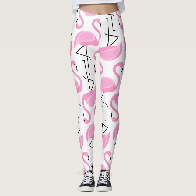 Girly Simple Modern Pink Flamingo Pattern Leggings (Front)