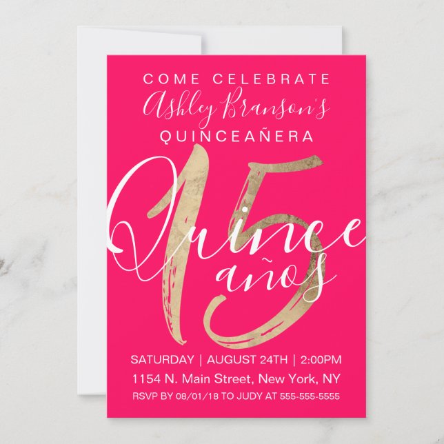 Girly Simple Neon Pink Gold Foil Quinceañera Invitation (Front)