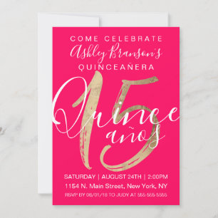 Girly Simple Neon Pink Gold Foil Quinceañera Invitation