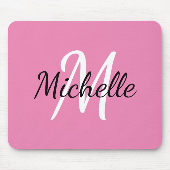 Girly Simple Pink Monogram Initial + Name Mouse Mat (Front)