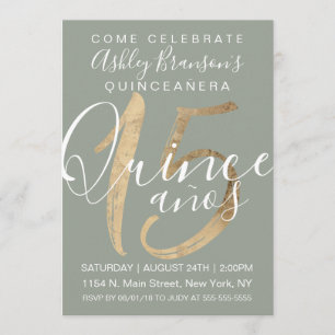 Girly Simple Sage Green Gold Foil Quinceañera Invitation