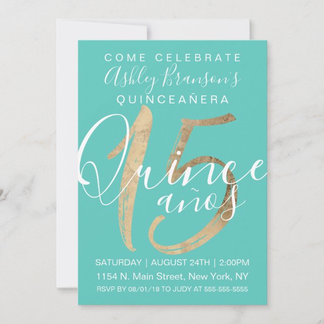 Girly Simple Turquoise Green Gold Foil Quinceañera Invitation (Front)