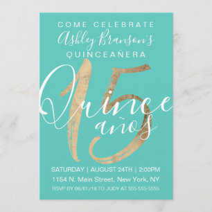 Girly Simple Turquoise Green Gold Foil Quinceañera Invitation