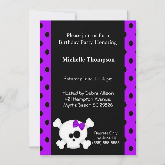 Girly  Skull Purple Birthday Invitations (Front)