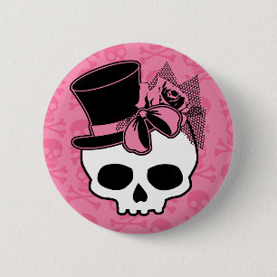 Girly Skull with Hat and Pink Bow 6 Cm Round Badge