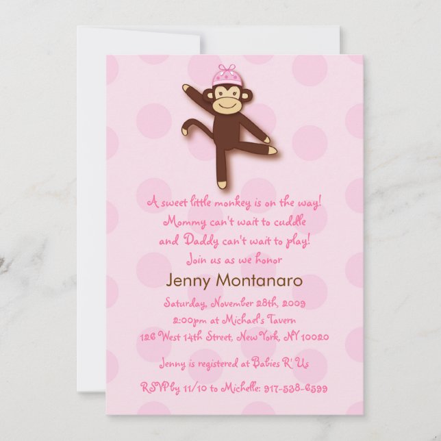 Girly Sock Monkey Custom Baby Shower Invitations (Front)