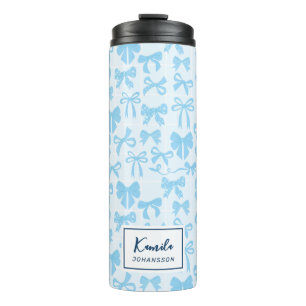 Girly Soft Blue Coquette Bow with Name Thermal Tumbler
