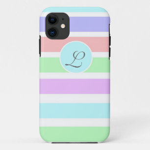 Girly soft pastel colours strips, monogram. iPhone 11 case