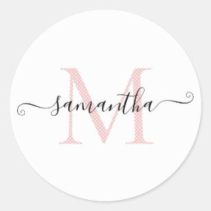 Girly Soft Pink and White Polka Dot Monogram Classic Round Sticker