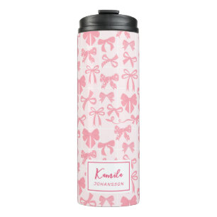 Girly Soft Pink Coquette Bow with Name Thermal Tumbler