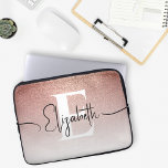 Girly Sparkle Rose Gold Glitter White Monogrammed Laptop Sleeve<br><div class="desc">Girly Glam on the Go with our Sparkling Rose Gold Glitter Monogram Laptop Sleeve! Ensure your laptop travels in style with our chic sleeve. The design features a captivating transition from rose gold glitter to pristine white, creating a glamourous backdrop for your personalised white monogram and black script name. Chic...</div>