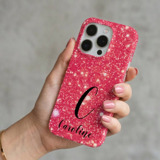Girly Sparkly Glitter Hot Pink Glam Monogram Name iPhone 15 Pro Case