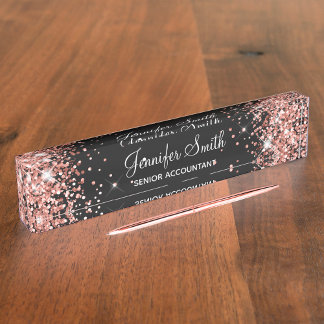 Girly Sparkly Rose Gold Glitter Black Nameplate