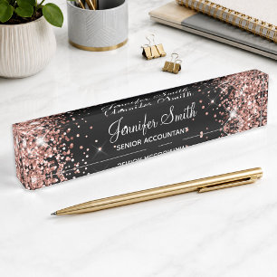 Girly Sparkly Rose Gold Glitter Black Nameplate