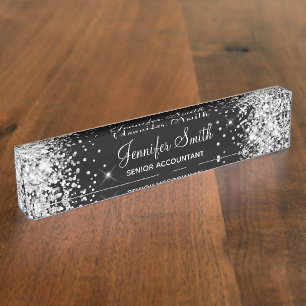 Girly Sparkly Silver Glitter Black Nameplate