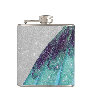 Girly Sparkly Teal Blue and Black Faux Glitter Hip Flask