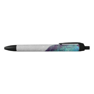 Girly Sparkly Teal Blue and Black Faux Glitter Ink Pen