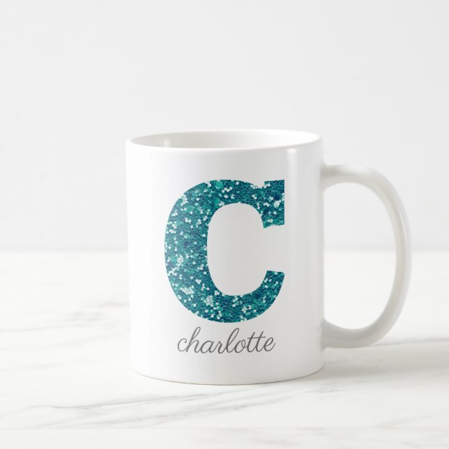 Girly Sparkly Teal Glitter Letter C Monogram Coffee Mug (Right)