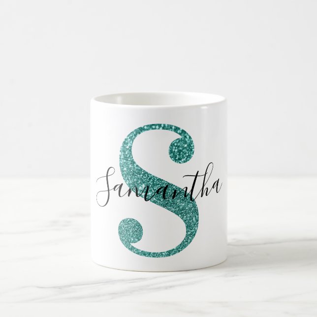 Girly Sparkly Teal Glitter Letter S Monogram Coffee Mug (Center)