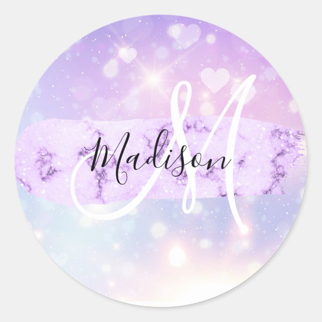 Girly Sparkly Unicorn Rainbow Hearts Monogram Classic Round Sticker (Front)