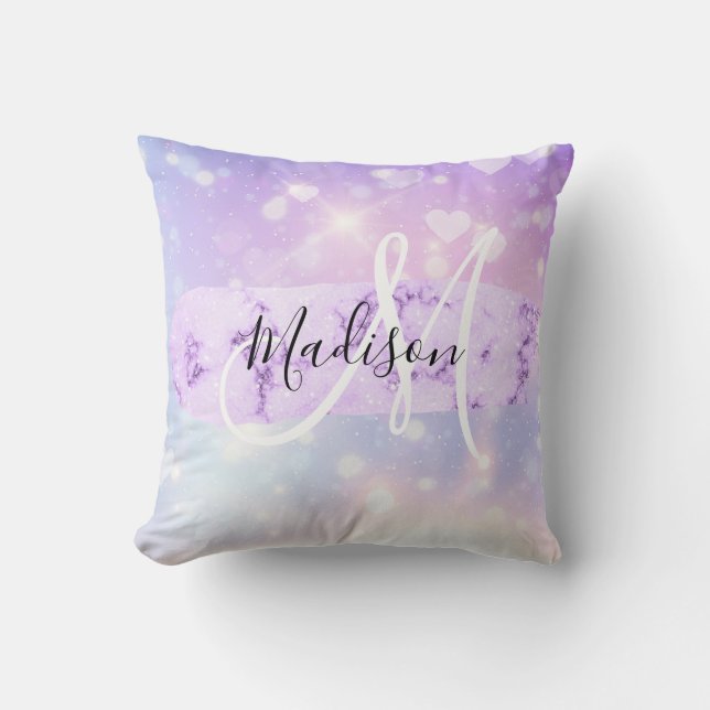 Girly Sparkly Unicorn Rainbow Hearts Monogram Cushion (Front)
