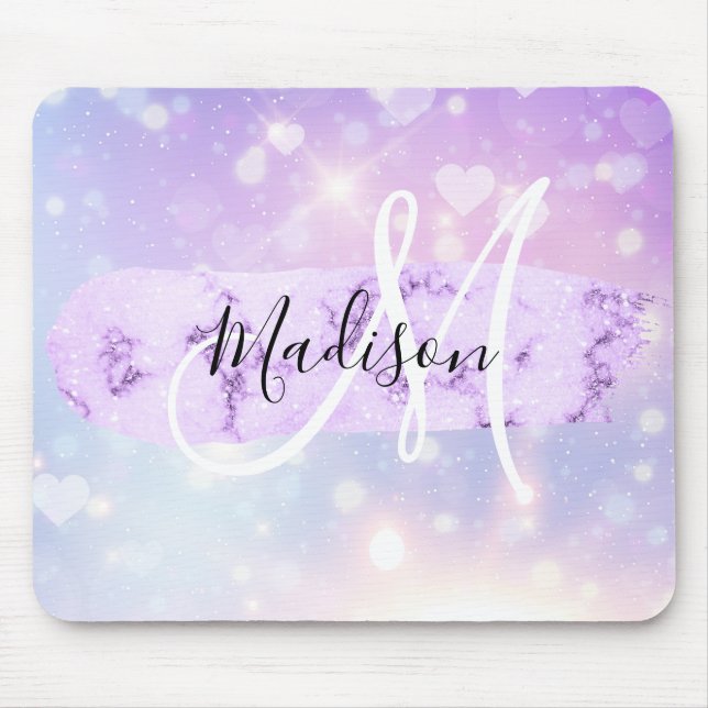 Girly Sparkly Unicorn Rainbow Hearts Monogram Mouse Mat (Front)