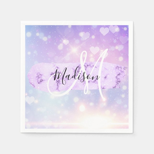 Girly Sparkly Unicorn Rainbow Hearts Monogram Napkin (Front)