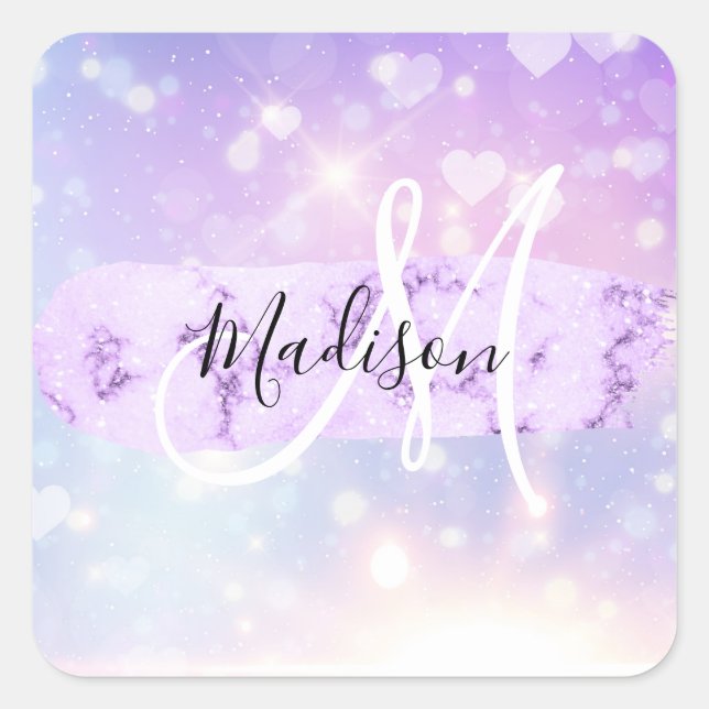 Girly Sparkly Unicorn Rainbow Hearts Monogram Square Sticker (Front)