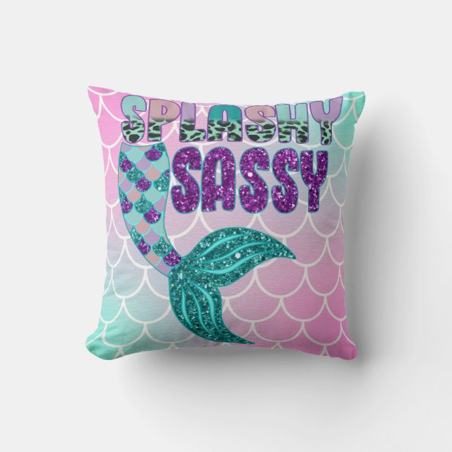 Girly Splashy Sassy Pink Purple Green Mermaid Tail Cushion (Front)