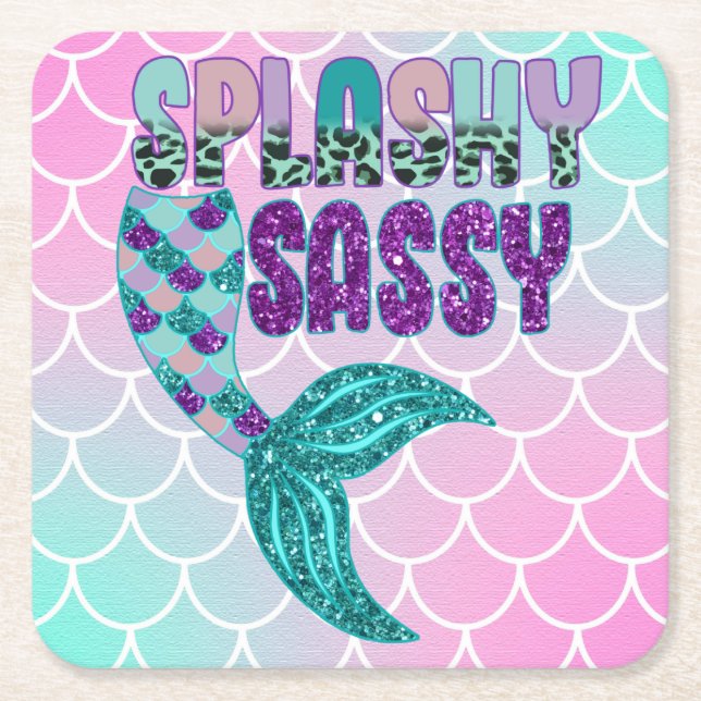 Girly Splashy Sassy Pink Purple Green Mermaid Tail Square Paper Coaster (Front)