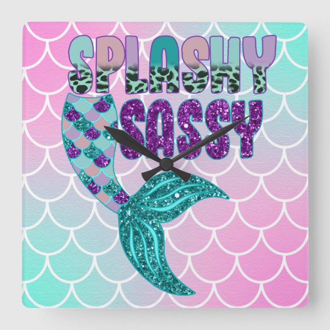 Girly Splashy Sassy Pink Purple Green Mermaid Tail Square Wall Clock (Front)