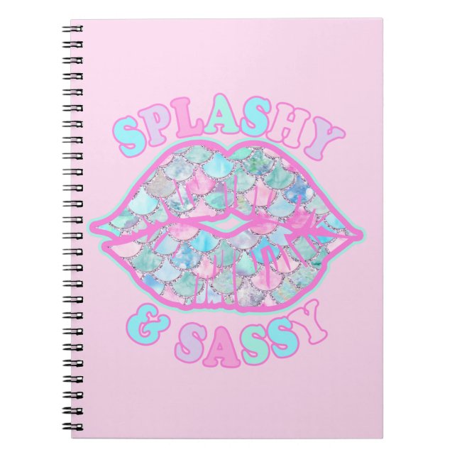 Girly Splashy & Sassy Pink Turquoise Mermaid Kiss Notebook (Front)