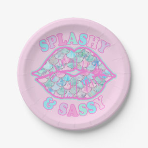 Girly Splashy & Sassy Pink Turquoise Mermaid Kiss Paper Plate
