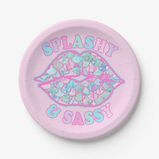 Girly Splashy & Sassy Pink Turquoise Mermaid Kiss Paper Plate (Front)
